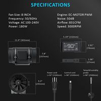 Kit de ventilation complet pour salle de culture : Ventilateur de gaine électrique silencieux 180W 8 pouces avec contrôleur intelligent OEM + filtre à charbon + gaine de 16 pieds + colliers de serrage