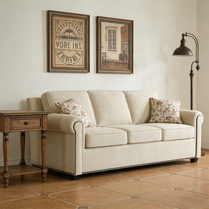 أريكة زاوية تشيسترفيلد من الكتان رائجة البيع، أريكة خشبية حديثة كبيرة بثلاثة مقاعد قابلة للتحويل إلى سرير مع زخارف معدنية وذراعين ملفوفين، يمكن تخصيص الحجم - Product Image 2