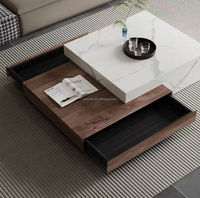 Table basse moderne en pierre frittée blanche, design simple, table centrale carrée avec motif discret, tables d'appoint pour canapé