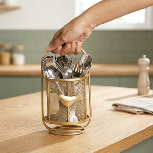 Porte-ustensiles cylindrique en métal doré avec motif d'oiseau pour le rangement des couverts de cuisine - Product Image 5