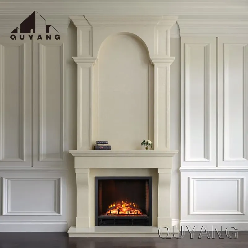 QUYANG Villa Home Decoration Design Natural Stone Luxury Mantel Hand Carved French White Marble Fireplace Surround