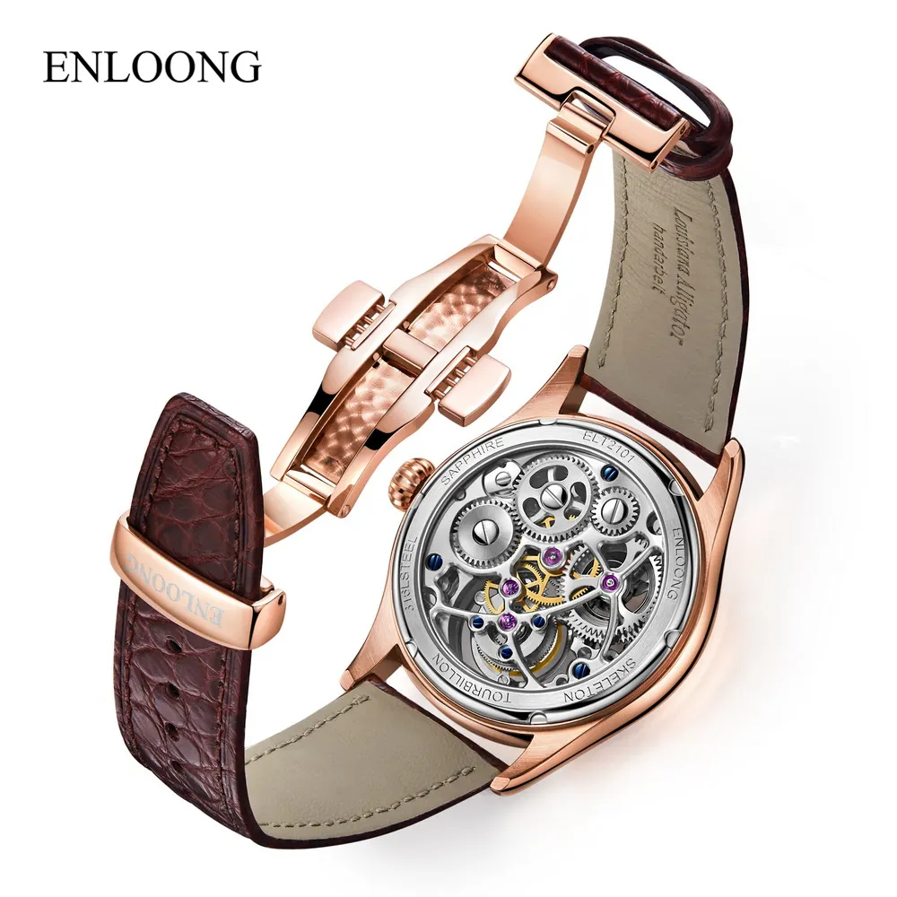 ENLOONG OEM Top Brand Luxury Rose Gold Bond Waterproof Tourbillon Watches Skeleton Manual Mechanical Watches For Men