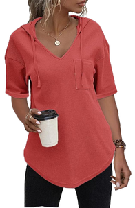 <b>Women</b> V Neck Short Sleeve Cotton Blend <b>Fleece</b> Hoodie Chest Pocket Curved Hem Textured Pullover Custom Light Pink Casual <b>Top</b> - Product Image 1