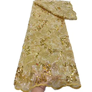 Guipure Gaun Payet Bordir Emas Afrika, Kain Renda Payet Emas untuk Gaun