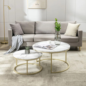 Juego de Mesa de Centro de mármol y hierro forjado nórdico, mesas laterales redondas modernas con pata dorada para sala de estar - Product Image 1