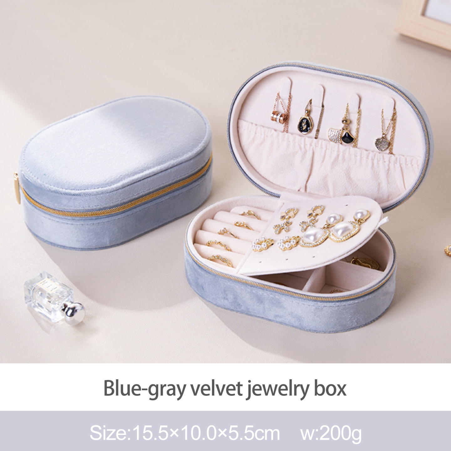 Boîte à bijoux en velours bleu-gris