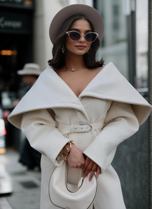 2025 Fall New Arrival Women's <strong>Belted</strong> Collared <strong>Coat</strong> in Creamy <strong>White</strong> Unique Streetwear Loose Lazy Style Jacket for Women - Product Image 2