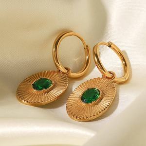 Pendientes de Aro de Acero Inoxidable con Baño de Oro de 18K y Esmeralda, Pendientes de Lujo con Circonita Verde, Accesorios de Joyería para Mujer, Venta al por Mayor - Product Image 1