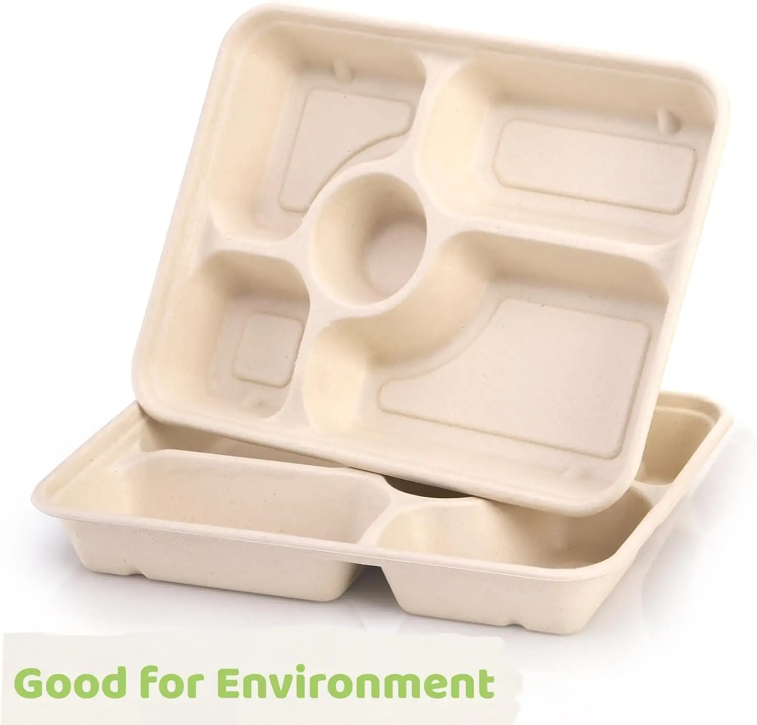 Assiette sectionnelle compostable robuste pour canne à sucre Assiettes en papier bagasse jetables à 5 compartiments allant au micro-ondes