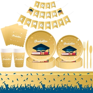 Vajilla Desechable con Temática de Graduación DAMAI, Juego de Vajilla Decorativa Dorada con Vasos, Platos, Servilletas y Pancarta - Product Image 2