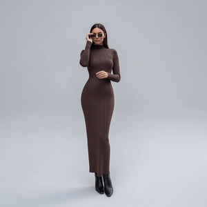 Elegante Abito Aderente a Collo Alto <span class=keywords><strong>in</strong></span> Stile Francese per Donne, Manica Lunga, <span class=keywords><strong>in</strong></span> Nylon/Cotone Spesso Lavorato a <span class=keywords><strong>Maglia</strong></span>, Gonna Lunga Invernale con Dettaglio Illusione - Product Image 1