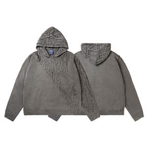 ユニセックス秋冬セーターアメリカンレトロスタイル非対称ニットデザインフード付きルーズフィットパッチワークメンズプルオーバー - Product Image 5