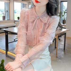 Blusa Elegante de Encaje para Mujer, Diseño Sólido, Manga Larga, Cuello Camisero, Botones al Frente, para Uso Diario en Otoño - Product Image 2