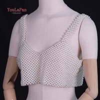 YouLaPan Débardeur Vintage à Perles, Bralette à Bretelles Fines Perlées à la Main avec Fermeture à Nœud en Ruban, Accessoire de Mode