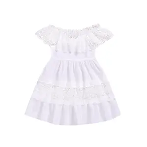 Vestido de princesa blanco con hombros descubiertos para niñas pequeñas, bordado de encaje con volantes, vestido infantil de verano