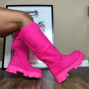 2023新款时尚靴子女滑毛巾靴粉色平台女膝高跟靴