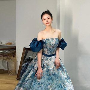 Off The Shoulder Floral Print Ball Gown Evening Dress Satin Floor Length Natural Waistline Adult Party Wear - Product Image 1