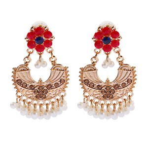 Pendientes Étnicos de Flores Rosadas en Forma de Media Luna para Mujer, Pendientes Jhumka de Bollywood con Pedrería Kundan, Joyería de Moda, Cuentas, Borlas, Estilo Gitano - Product Image 2