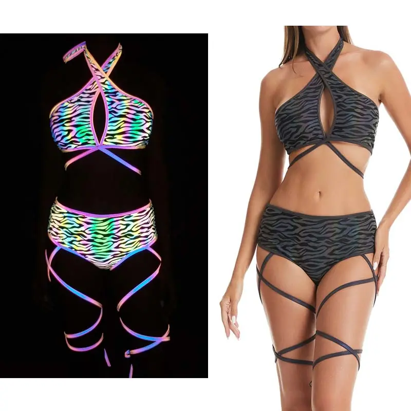 Pakaian renang bikini pantai reflektif warna-warni cetak desain pola zebra hi vis fashion terbaru wanita seksi pakaian renang