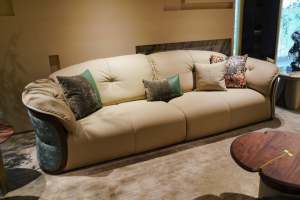 Premium Modern Three Seat Genuine Leather <strong>Sofa</strong> with Plush Cushioning Embossed Backrest Design <strong>Wood</strong> <strong>Frame</strong> - Product Image 2