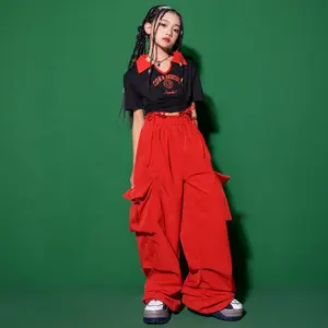 儿童Kpop舞蹈服装黑色v领裁剪上衣t恤红色休闲货物嘻哈裤女孩爵士舞服装服装