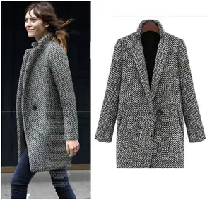 Mantel Jaket Wol Wanita Seksi Lengan Panjang Hangat Mode Musim Dingin 2021 Kerah Berdiri Tebal Houndstooth (C915)