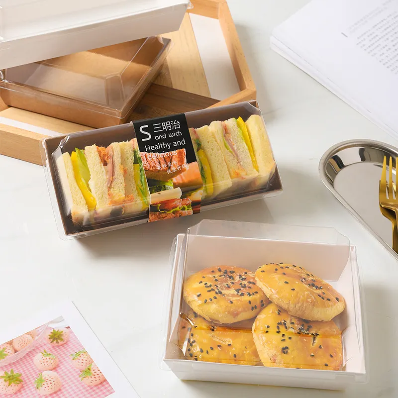 Kemasan Sandwich Kotak Pembungkus Kue Roti Kotak Kemasan Makanan Ringan Tutup Jelas Kotak Kertas Kraft Persegi Panjang