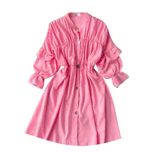 Spring and Summer mid-length Korean style sweet design sense niche wooden ear pleated puff sleeve Loose Doll dress