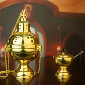 مبخرة معلقة مطلية بالذهب عالية اللمعان من HT Church Supplier، مبخرة أرثوذكسية لتزيين الكنيسة والمنزل، كأس كاثوليكي - Product Image 1