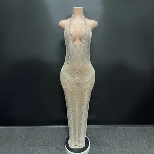 Novance Y2699-LE Club Dresses Sexy Beaded Tassel Chain Mesh Dress Sexy Women Club White Diamond Crystal Stone Design For Dress