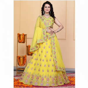 Artriddhs Jaune Faux Georgette Brodé Bollywood lehenga choli vendeur - Product Image 1