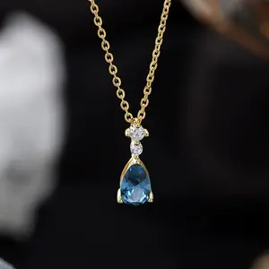 Birnen schliff Blue Diamond 18 Karat Gold Frauen Vintage Schmuck 925 Sterling Silber Wasser tropfen Anhänger Halskette