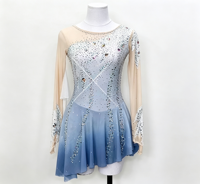 Robe de patinage artistique à manches longues dégradé bleu argenté, dos en V en maille, jupe ornée de strass pour filles adultes, compétition et performance