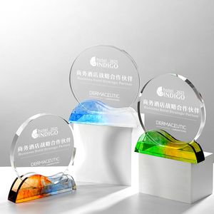 Trophée <span class=keywords><strong>et</strong></span> <span class=keywords><strong>plaque</strong></span> en cristal rond <span class=keywords><strong>vert</strong></span> <span class=keywords><strong>orange</strong></span> avec base Prix de compétition sportive de haute qualité Prix du trophée en cristal de qualité - Product Image 2