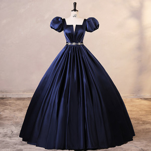 Navy Blue Puff Sleeve Ball Gown Satin Dress Square Collar Natural Waistline Women's Career Dress - Product Image 5