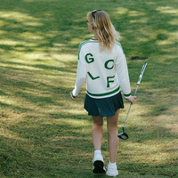 Cardigan en tricot jacquard 100 % coton pour femme, col en V, manches longues, style décontracté, personnalisable avec logo, idéal pour le tennis, le golf et le style universitaire.