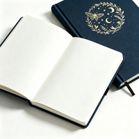 Carnet à pois A5 personnalisé en lin bleu marine avec couverture rigide, motif céleste et dorure à chaud, idéal pour logo personnalisé ou comme cadeau