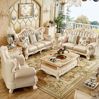 Canapé de luxe européen de style antique, design personnalisé par le fabricant, en cuir véritable doré, ensemble de canapés classiques pour villa