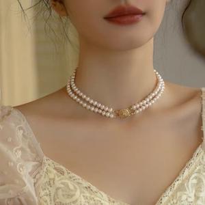 Collar de Perlas de Agua Dulce de Doble Capa Estilo Retro Francés para Mujer, Cadena para Clavícula con Vestido Ligero de Lana, Joyería de Perlas para Mujer - Product Image 1