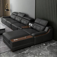 Ensemble de canapés sectionnels modernes de luxe en forme de L pour l'intérieur, avec fauteuils complets, structure en bois, revêtement en cuir - 7 places pour salon