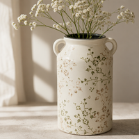 Vase en céramique floral peint à la main ARM LVG avec doubles poignées, style rustique vintage Wabi-sabi, pot décoratif pour fleurs, jardinière en porcelaine
