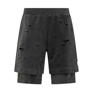 LEDUO Hombres Desgastado Doble Arquetipo Efecto Destruido Pantalones Cortos Detallados Personalizar Logo Patrón Algodón Deportes Transpirable - Product Image 1