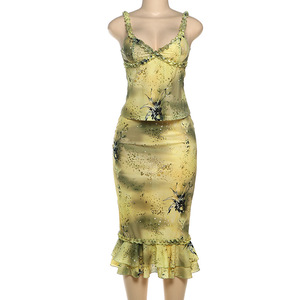 Conjunto de 2 Piezas con Estampado Floral para Mujer, Camiseta de Tirantes Finos y Falda Midi con Volantes, para Fiestas y Eventos Nocturnos - Product Image 4