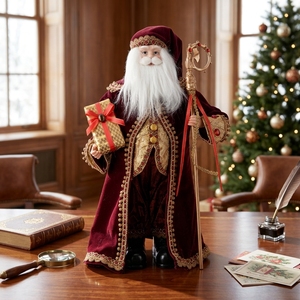 Grande figurine de Père Noël debout en velours bordeaux de style victorien royal pour décorations - Product Image 2