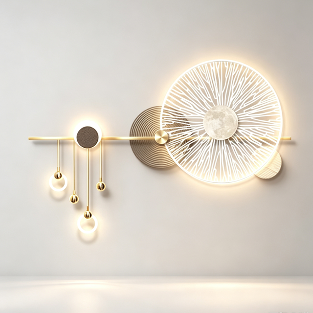 LED Metallic Wall Art - Modern Golden Moon and Abstract Line Wall Decorations, for Living Room and Bedroom