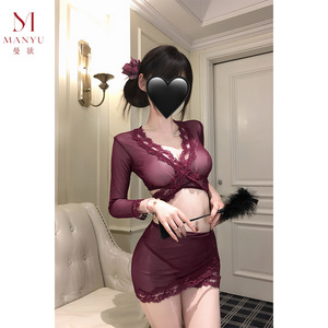Manyu Erotic Lingerie Open-front High-end Purple Night Battle Robe Lace Patchwork Tempting See-through No-Removal Secretary - Product Image 5