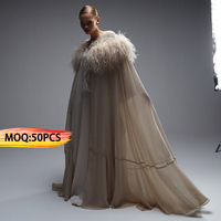 Oem Robe personnalisée Luxe Ramadan Eid Islamique Modeste Casual Plume Semi Sheer Chiffon Cape Dubai Design Abaya Femmes Musulmanes