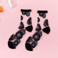 Chaussettes transparentes d'été à fleurs fantaisie bon marché Chaussettes fines pour femmes Vente en gros de bas élégants en verre noir