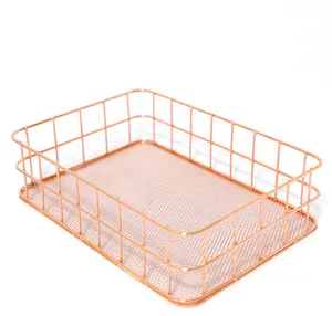 New gold mesh bottom basket rose metal wrought iron mesh storage basket desktop basket wrought iron round square pen holder