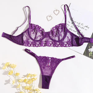 Dames Sexy Ondergoed Pak Kant Borduurwerk High-Grade Stalen Ring Beha Slips Doorzichtige 2 Stuks - Product Image 1